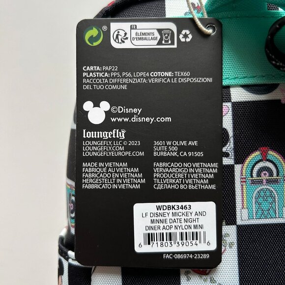 Loungefly Mickey & Minnie Date Night Diner Checkered Nylon Square Mini Backpack - Picture 7 of 7